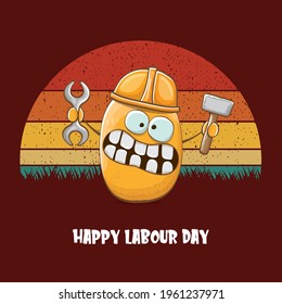 International workers day or labour day greeting card . vector funny cartoon brown smiling worker potato with engineer helmet holding hummer and wrench isolated on vintage background. Mayday poster