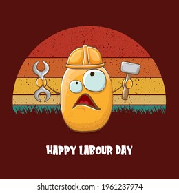 International workers day or labour day greeting card . vector funny cartoon brown smiling worker potato with engineer helmet holding hummer and wrench isolated on vintage background. Mayday poster