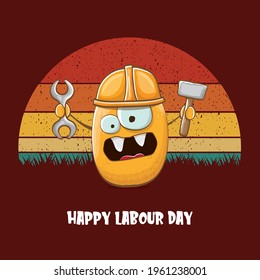 International workers day or labour day greeting card . vector funny cartoon brown smiling worker potato with engineer helmet holding hummer and wrench isolated on vintage background. Mayday poster