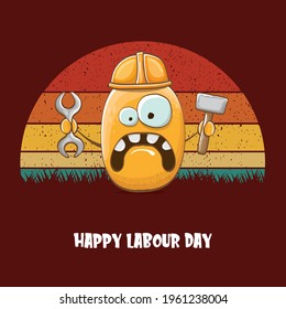 International workers day or labour day greeting card . vector funny cartoon brown smiling worker potato with engineer helmet holding hummer and wrench isolated on vintage background. Mayday poster