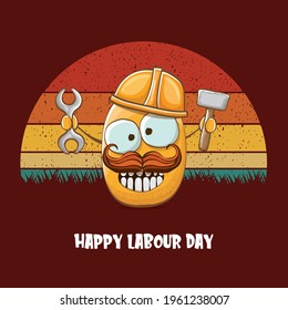 International workers day or labour day greeting card . vector funny cartoon brown smiling worker potato with engineer helmet holding hummer and wrench isolated on vintage background. Mayday poster