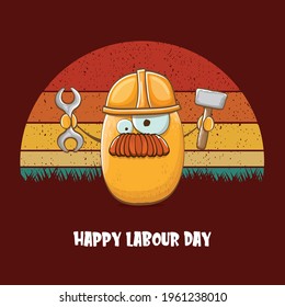 International workers day or labour day greeting card . vector funny cartoon brown smiling worker potato with engineer helmet holding hummer and wrench isolated on vintage background. Mayday poster