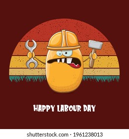 International workers day or labour day greeting card . vector funny cartoon brown smiling worker potato with engineer helmet holding hummer and wrench isolated on vintage background. Mayday poster