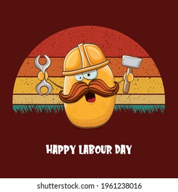 International workers day or labour day greeting card . vector funny cartoon brown smiling worker potato with engineer helmet holding hummer and wrench isolated on vintage background. Mayday poster