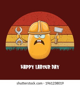 International workers day or labour day greeting card . vector funny cartoon brown smiling worker potato with engineer helmet holding hummer and wrench isolated on vintage background. Mayday poster