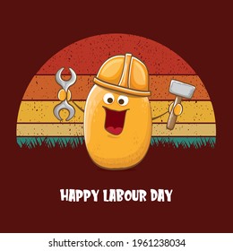 International workers day or labour day greeting card . vector funny cartoon brown smiling worker potato with engineer helmet holding hummer and wrench isolated on vintage background. Mayday poster