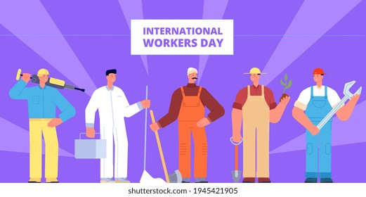 International workers day. Labour worker profession, occupations holiday poster. Diverse workers in uniform, industrial job utter vector banner