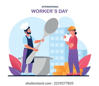 International workers day. Man in chefs hat and woman in protective helmet. Greeting card, holiday and festival. Poster or banner for website. Builder and cook. Cartoon flat vector illustration