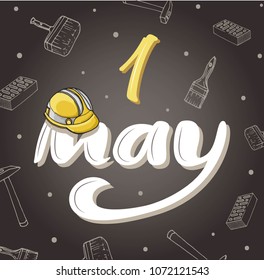 International Workers Day, May 1.  Hand sketched modern text. Isolated on brown background with hand drawn outline elements. EPS 8