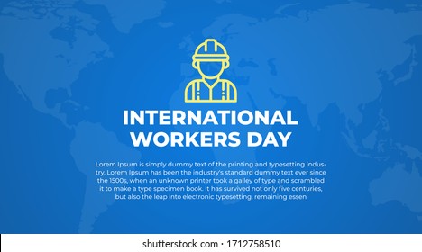 International workers day modern, creative banner with yellow construction worker and white dummy text on a blue background with world map. 