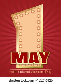 International Workers Day. Retro neon sign in the form of a figure one. Glowing  one. Vintage figure 1 May on a retro red background. Vector illustration