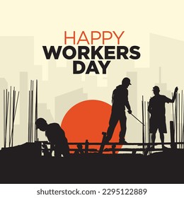 International Workers Day with sunset background. Happy Labour Day background with silhouette of workers. social media post design.