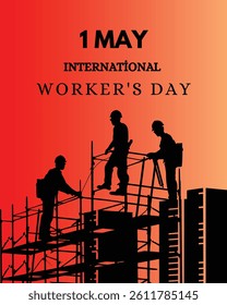 International Workers Day Vector Illustration – 1 May Labor Day Poster with Construction Workers Silhouette on Scaffold – Worker Safety Concept Design for Banner or Print