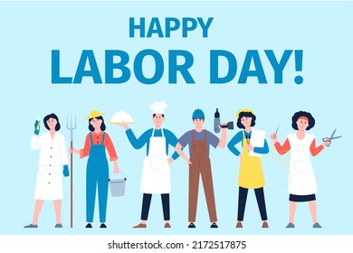 International workers day. Work celebration, professions worker characters. Various jobs, professionals party banner. Cook, scientist recent vector people