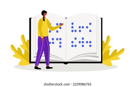 International world braille day. Flat character women study braille book design concept.
