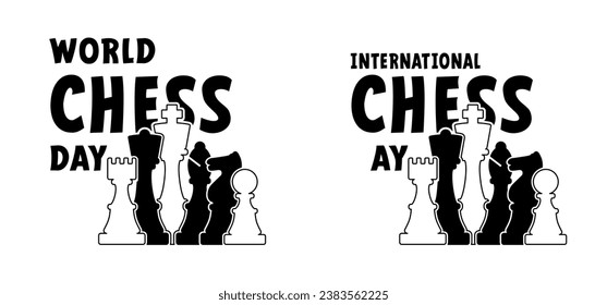 International or world chess day. Chess pieces tower horse bishop, king queen Chess Board Setup Vector icon or symbol pieces Flat style the starting positions figures pieces. Square checker board.
