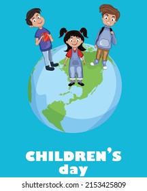 International World Children's Day. Vector stock illustration. Cartoon. blue background. Kids