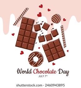 International World Chocolate Day for poster. Chocolate, donuts, cakes. Social Media Post Template Flat Cartoon Background Vector Illustration.