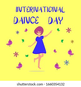 International World Dance Day holiday, celebration, motivational card, poster, logo. Vector illustration in flat modern style.Happiness concept. Suitable for web design, banners, for textile design.