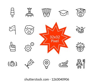 International World Day of Children's Inventions Set Line Vector Icon. Contains such Icons as Toothbrush astronauts, Trampoline, Flippers, Frozen juice, earmuffs. Editable Stroke. 32x32 Pixel Perfect