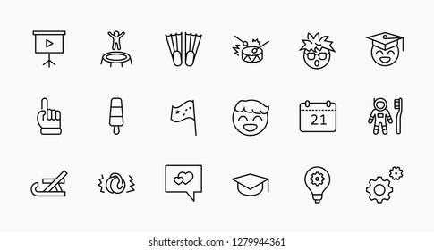 International World Day of Children's Inventions Set Line Vector Icon. Contains such Icons as Toothbrush astronauts, Trampoline, Flippers, Frozen juice, earmuffs. Editable Stroke. 32x32 Pixel Perfect