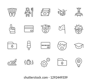 International World Day of Children's Inventions Set Line Vector Icon. Contains such Icons as Toothbrush astronauts, Trampoline, Flippers, Frozen juice, earmuffs. Editable Stroke. 32x32 Pixel Perfect