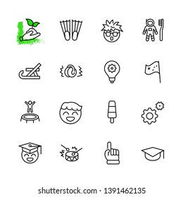 International World Day of Children's Inventions Set Line Vector Icon. Contains such Icons as Toothbrush astronauts, Trampoline, Flippers, Frozen juice, earmuffs. Editable Stroke. 32x32 Pixel Perfect