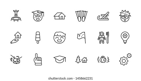 International World Day of Children's Inventions Set Line Vector Icon. Contains such Icons as Toothbrush astronauts, Trampoline, Flippers, Frozen juice, earmuffs. Editable Stroke. 32x32 Pixel Perfect