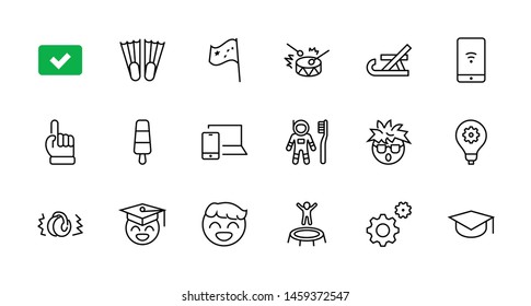 International World Day of Children's Inventions Set Line Vector Icon. Contains such Icons as Toothbrush astronauts, Trampoline, Flippers, Frozen juice, earmuffs. Editable Stroke. 32x32 Pixel Perfect