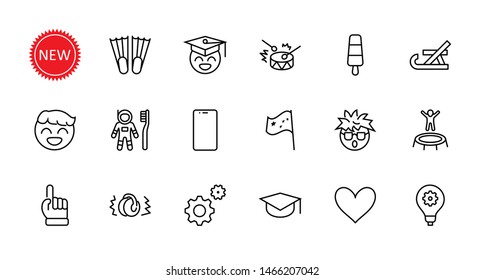 International World Day of Children's Inventions Set Line Vector Icon. Contains such Icons as Toothbrush astronauts, Trampoline, Flippers, Frozen juice, earmuffs. Editable Stroke. 32x32 Pixel Perfect