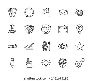 International World Day of Children's Inventions Set Line Vector Icon. Contains such Icons as Toothbrush astronauts, Trampoline, Flippers, Frozen juice, earmuffs. Editable Stroke. 32x32 Pixel Perfect