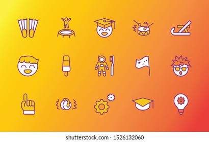 International World Day of Children's Inventions Set Line Vector Icon. Contains such Icons as Toothbrush astronauts, Trampoline, Flippers, Frozen juice, earmuffs. Editable Stroke. 32x32 Pixel Perfect