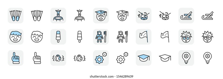 International World Day of Children's Inventions Set Line Vector Icon. Contains such Icons as Toothbrush astronauts, Trampoline, Flippers, Frozen juice, earmuffs. Editable Stroke. 32x32 Pixel Perfect