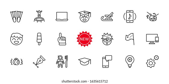 International World Day of Children's Inventions Set Line Vector Icon. Contains such Icons as Toothbrush astronauts, Trampoline, Flippers, Frozen juice, earmuffs. Editable Stroke. 32x32 Pixels