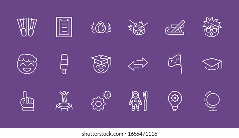International World Day of Children's Inventions Set Line Vector Icon. Contains such Icons as Toothbrush astronauts, Trampoline, Flippers, Frozen juice, earmuffs. Editable Stroke. 32x32 Pixels