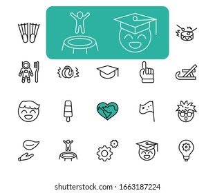 International World Day of Children's Inventions Set Line Vector Icon. Contains such Icons as Toothbrush astronauts, Trampoline, Flippers, Frozen juice, earmuffs. Editable Stroke. 32x32 Pixels