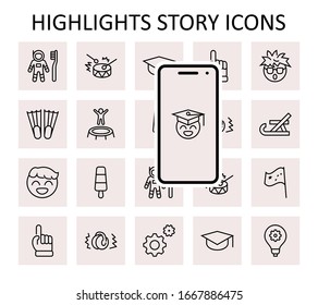 International World Day of Children's Inventions Set Line Vector Icon. Contains such Icons as Toothbrush astronauts, Trampoline, Flippers, Frozen juice, earmuffs. Editable Stroke. 32x32 Pixels