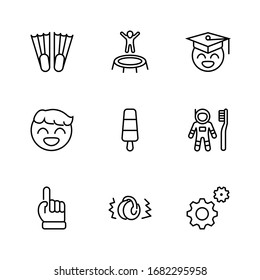 International World Day of Children's Inventions Set Line Vector Icon. Contains such Icons as Toothbrush astronauts, Trampoline, Flippers, Frozen juice, earmuffs. Editable Stroke. 32x32 Pixels