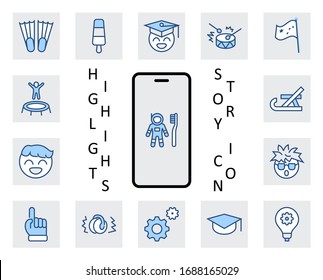 International World Day of Children's Inventions Set Line Vector Icon. Contains such Icons as Toothbrush astronauts, Trampoline, Flippers, Frozen juice, earmuffs. Editable Stroke. 32x32 Pixel Perfect