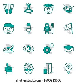 International World Day of Children's Inventions Set Line Vector Icon. Contains such Icons as Toothbrush astronauts, Trampoline, Flippers, Frozen juice, earmuffs. Editable Stroke. 32x32 Pixel Perfect