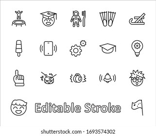 International World Day of Children's Inventions Set Line Vector Icon. Contains such Icons as Toothbrush astronauts, Trampoline, Flippers, Frozen juice, earmuffs. Editable Stroke. 32x32 Pixels