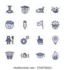 International World Day of Children's Inventions Set Line Vector Icon. Contains such Icons as Toothbrush astronauts, Trampoline, Flippers, Frozen juice, earmuffs. Editable Stroke. 32x32 Pixel Perfect