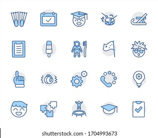 International World Day of Children's Inventions Set Line Vector Icon. Contains such Icons as Toothbrush astronauts, Trampoline, Flippers, Frozen juice, earmuffs. Editable Stroke. 32x32 Pixel Perfect
