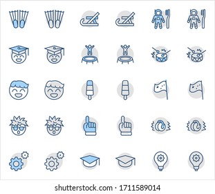 International World Day of Children's Inventions Set Line Vector Icon. Contains such Icons as Toothbrush astronauts, Trampoline, Flippers, Frozen juice, earmuffs. Editable Stroke. 32x32 Pixel Perfect