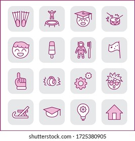 International World Day of Children's Inventions Set Line Vector Icon. Contains such Icons as Toothbrush astronauts, Trampoline, Flippers, Frozen juice, earmuffs. Editable Stroke. 32x32 Pixel Perfect