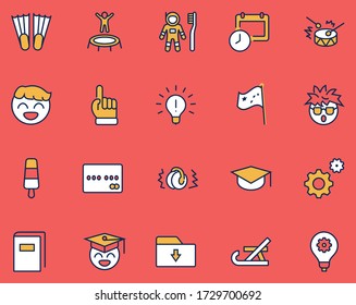 International World Day of Children's Inventions Set Line Vector Icon. Contains such Icons as Toothbrush astronauts, Trampoline, Flippers, Frozen juice, earmuffs. Editable Stroke. 32x32 Pixel Perfect