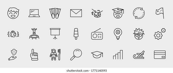 International World Day of Children's Inventions Set Line Vector Icon. Contains such Icons as Toothbrush astronauts, Trampoline, Flippers, Frozen juice, earmuffs. Editable Stroke. 32x32 Pixels