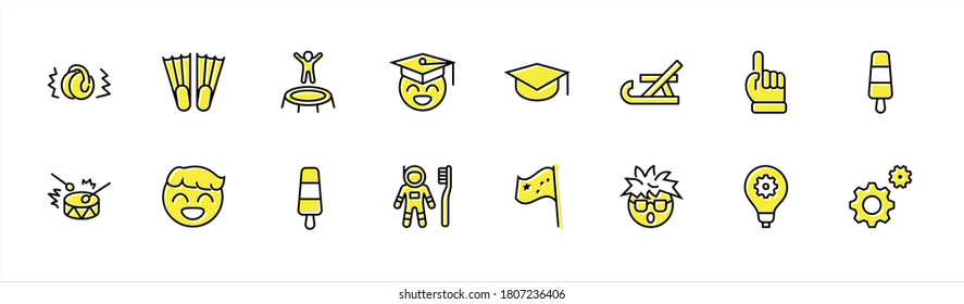 International World Day of Children's Inventions Set Line Vector Icon. Contains such Icons as Toothbrush astronauts, Trampoline, Flippers, Frozen juice, earmuffs. Editable Stroke. 32x32 Pixel Perfect