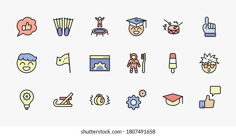 International World Day of Children's Inventions Set Line Vector Icon. Contains such Icons as Toothbrush astronauts, Trampoline, Flippers, Frozen juice, earmuffs. Editable Stroke. 32x32 Pixel Perfect