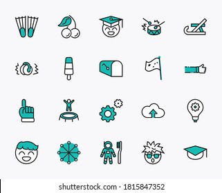 International World Day of Children's Inventions Set Line Vector Icon. Contains such Icons as Toothbrush astronauts, Trampoline, Flippers, Frozen juice, earmuffs. Editable Stroke. 32x32 Pixel Perfect